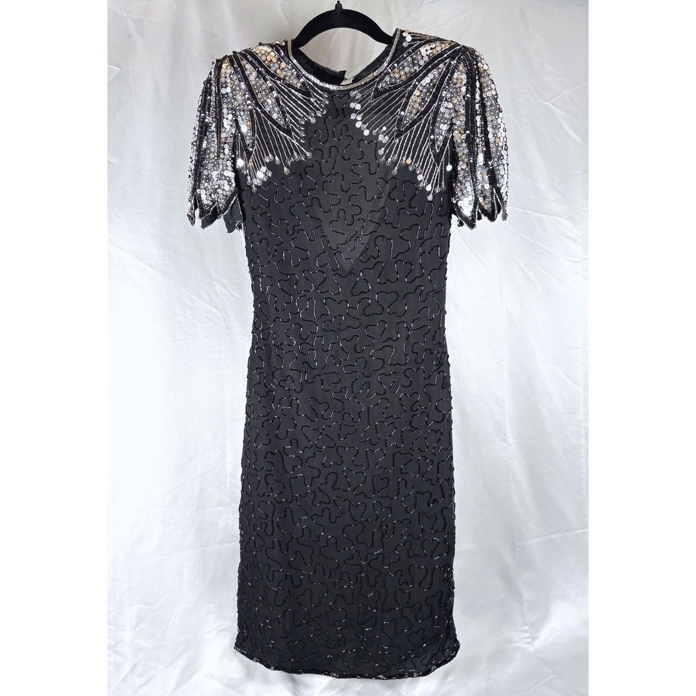 Vtg Scala 80s Silk Beaded Sequin Cocktail Dress Black Silver Mob Wife Dynasty S